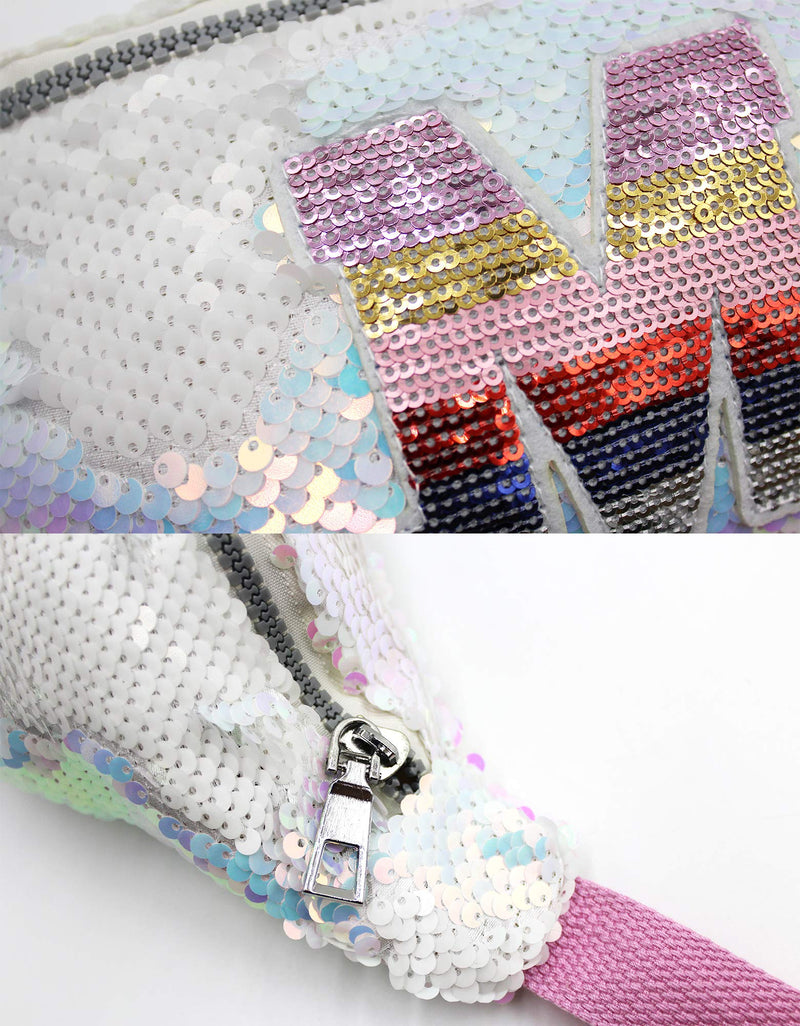 Girls Waist Pack Glitter Reversible Sequin Fanny Pack Cute Small Causal Bag with Belt White