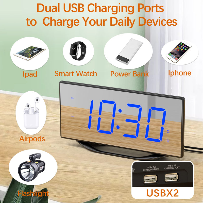 Digital Dual Alarm Clock with 2 USB Chargers for Heavy Sleepers Adults, 8.7" Large LED Display, Extra Loud Mirror Clock with Battery Backup, Easy to Set, Dimmable, Decent Alarm Clock for Bedrooms Kids Blue Digit