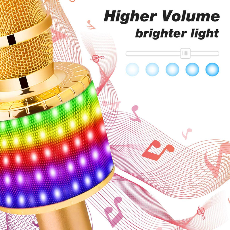 Bluetooth Wireless Karaoke Microphone with Multicolored LED Lights, Portable 4 in 1 Karaoke Machine Microphone for Adult Kids, for Android/iPhone/PC (Gold) Gold