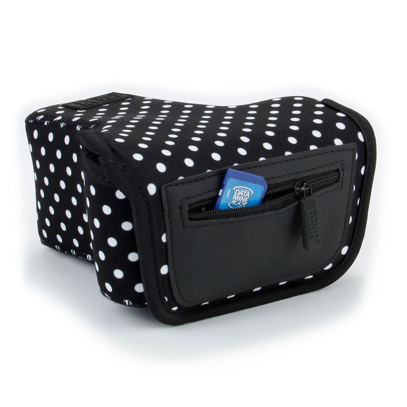 USA GEAR DSLR Camera Sleeve Case (Polka Dot) with Neoprene Protection , Holster Belt Loop and Accessory Storage - Compatible With Nikon D3400, Canon EOS Rebel SL2, Pentax K-70 and More Polka Dot