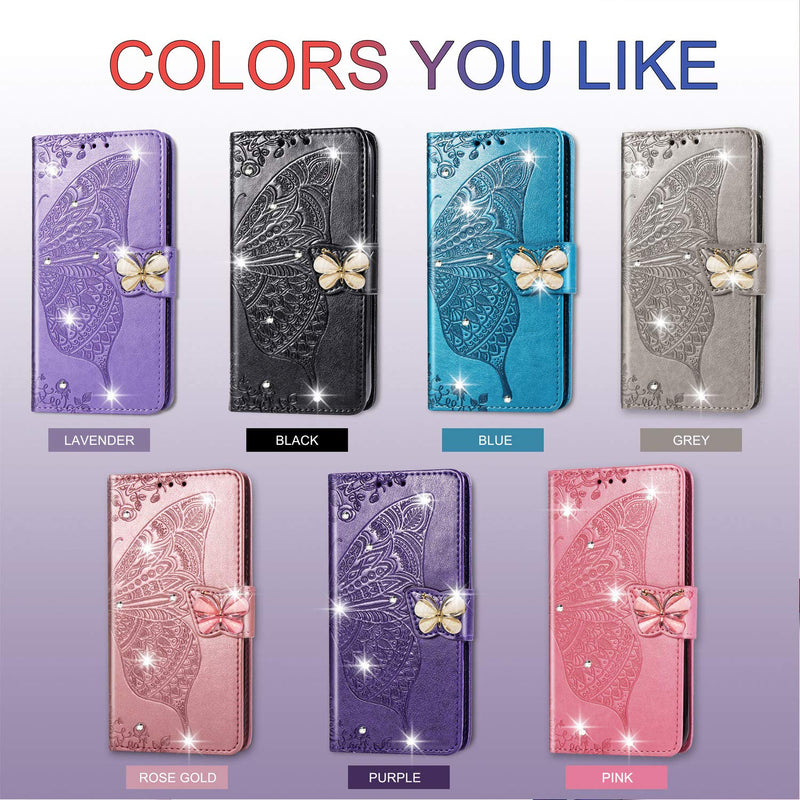 Samsung Galaxy Note 20 Ultra Wallet Case, Bling Butterfly Flower PU Leather Flip Phone Cover Credit Cards Slot Shockproof Kickstand Case for Samsung Galaxy Note 20 Ultra 6.9"(Rhinestone Rose Gold)HZD Rhinestone Rose Gold