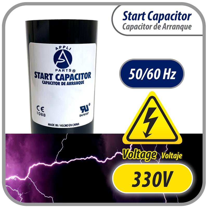 Appli Parts motor start capacitor 216-259 Mfd (microfarads) uF 330VAC universal fit for electric motor applications 1-3/4 in Wide 3-3/8 in Height CON-216-330 330 Vac