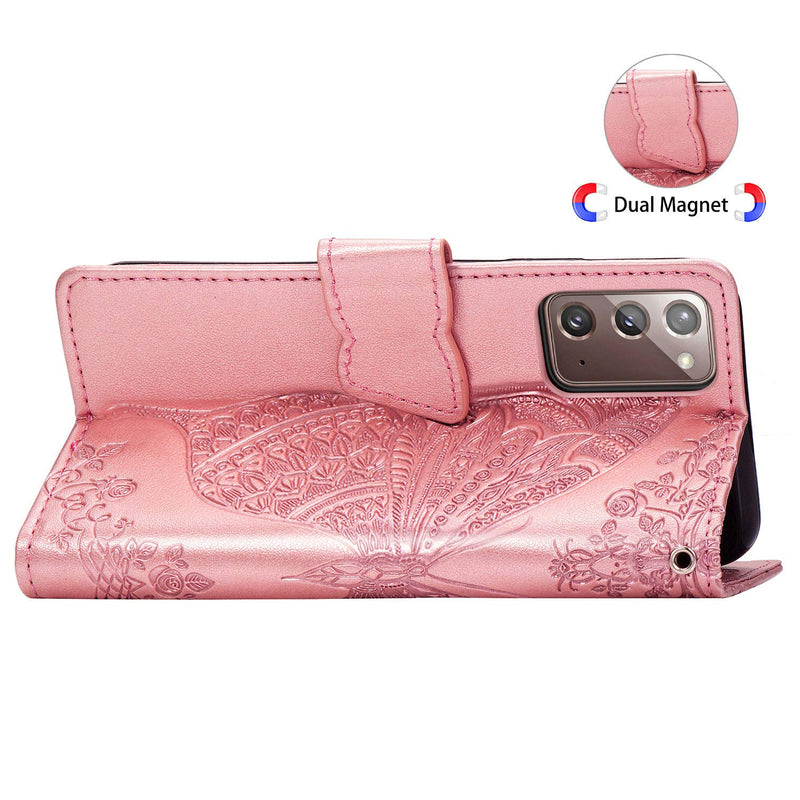 Samsung Galaxy Note 20 Ultra Wallet Case, Bling Butterfly Flower PU Leather Flip Phone Cover Credit Cards Slot Shockproof Kickstand Case for Samsung Galaxy Note 20 Ultra 6.9"(Rhinestone Rose Gold)HZD Rhinestone Rose Gold