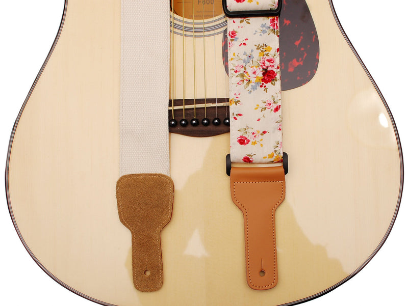 MUSIC FIRST Original Design, 2 inch width (5cm), “Rosa Multiflora in Cream” Padded Soft Cotton & Genuine Leather Guitar Strap, Ukulele Strap, Mandolin Strap