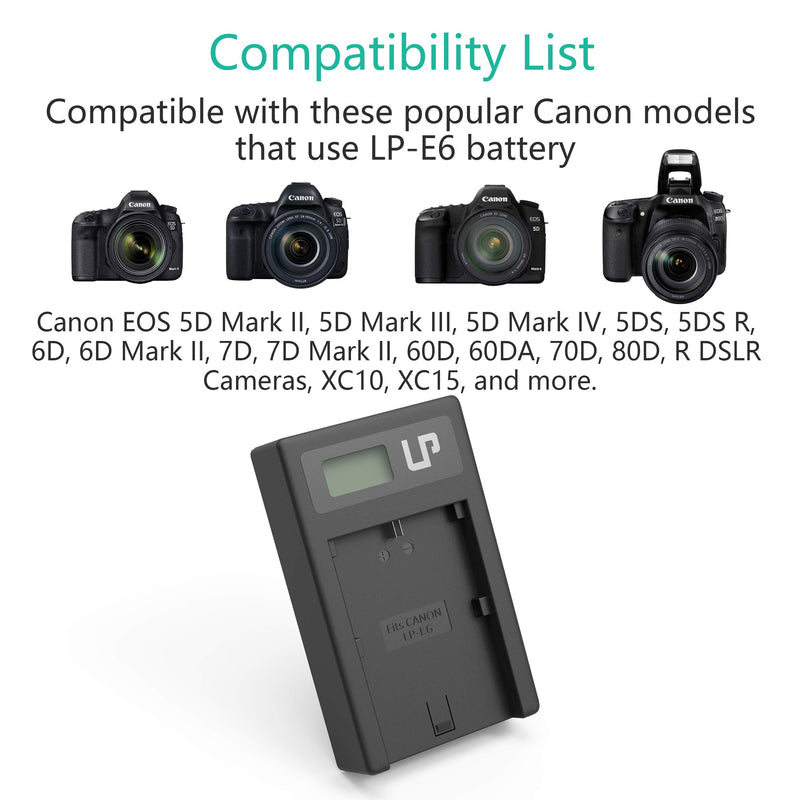 LP LP-E6 LP E6N Battery Charger (LCD Display, USB Port), Compatible with Canon EOS 90D, 80D, 70D, 60D, 60DA, 7D Mark II, 7D, 6D Mark II, 6D, 5D Mark IV, 5D Mark III, 5D Mark II, 5DS, 5DS R, R Cameras LCD USB Charger