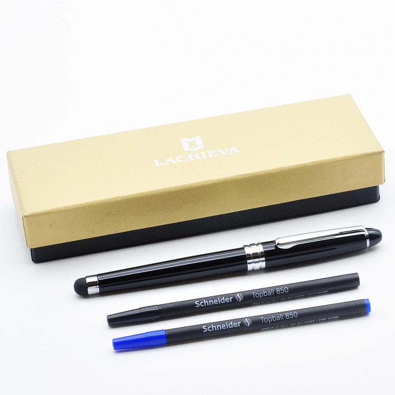 LACHIEVA Roller Pen with Touch Pen, Black Barrel, Classic Design, Germany Schneider Refill Black and Blue