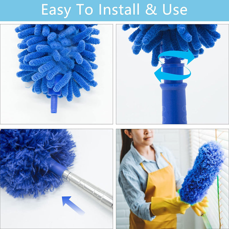 Microfiber Duster, Feather Duster with 100 Inch Telescoping Extension Pole, Reusable Bendable Dusters, Washable Lightweight Dusters for Ceilings Fans [2022 Upgrade] Blue