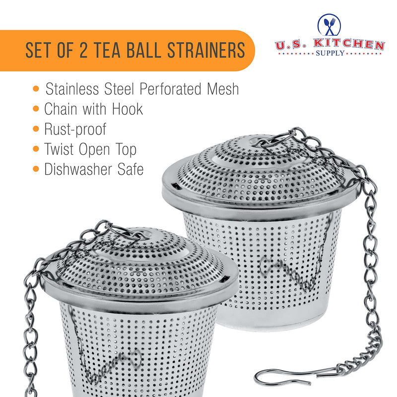U.S. Kitchen Supply - 2 Premium Stainless Steel Tea Ball Strainer Infusers - 2" Size with Micro Perforated Mesh - Steep Loose Leaf Tea, Herbal, Spices & Seasonings - Teapot, Tea & Coffee Cup Mug