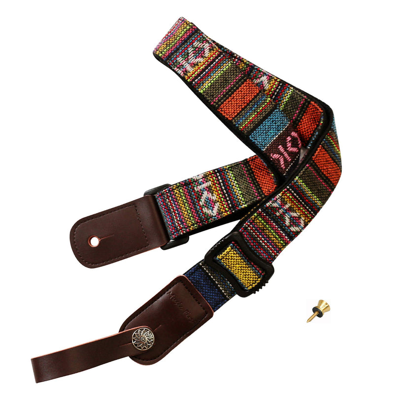 MUSIC FIRST Classic Country style Soft Cotton & Genuine Leather Ukulele Strap Ukulele Shoulder Strap Version 2.0 With a MUSIC FIRST Genuine Leather Strap Locker With A Leather Strap Locker