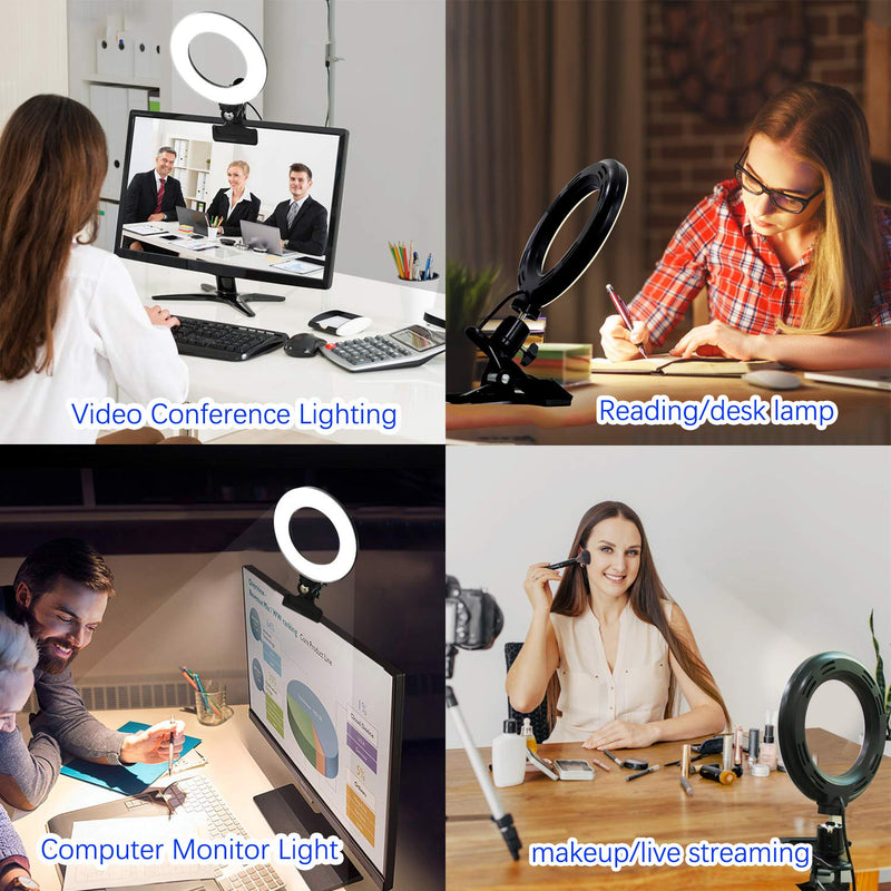 RGBW Clip LED Ring Light 6" 360°Full Color 8 Lighting Scenes 3200K-6500K Dimmable Clip on Desk,Monitor,Laptop,Chair and Bed for Video Conference Lighting,Computer Monitor Light or Vlogging Equipment
