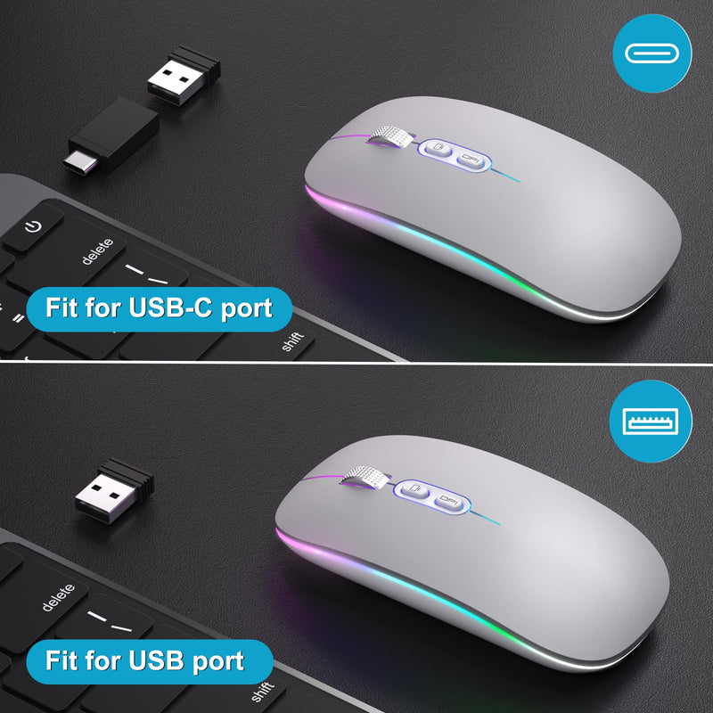 【Upgrade】 LED Wireless Mouse, Slim Silent Mouse 2.4G Portable Mobile Optical Office Mouse with USB & Type-c Receiver, 3 Adjustable DPI Levels for Notebook, PC, Laptop, Computer, MacBook (MattSilver) MattSilver