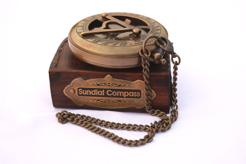 NEOVIVID Brass Sundial Compass with Leather Case and Chain - Push Open Compass - Steampunk Accessory - Antiquated Finish - Beautiful Handmade Gift -Sundial Clock