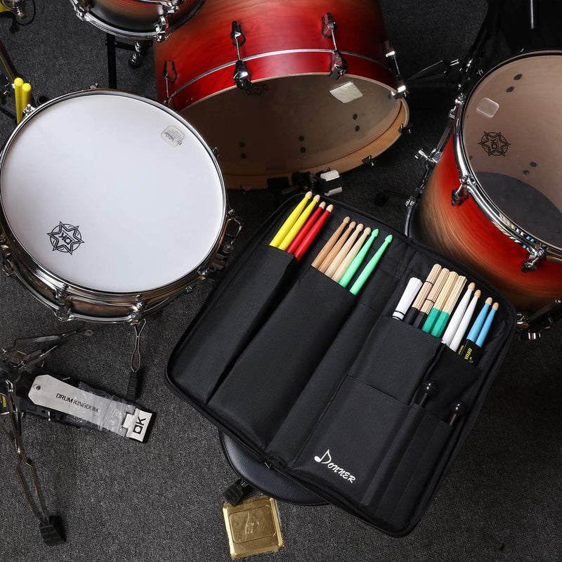 Donner Drumsticks Bag, Large Capacity Drum Sticks Bag Portable Drumstick Bags for Drumsticks, Drum Key, Drum Wire Brushes, Resonance Pad and Mallets (Black)