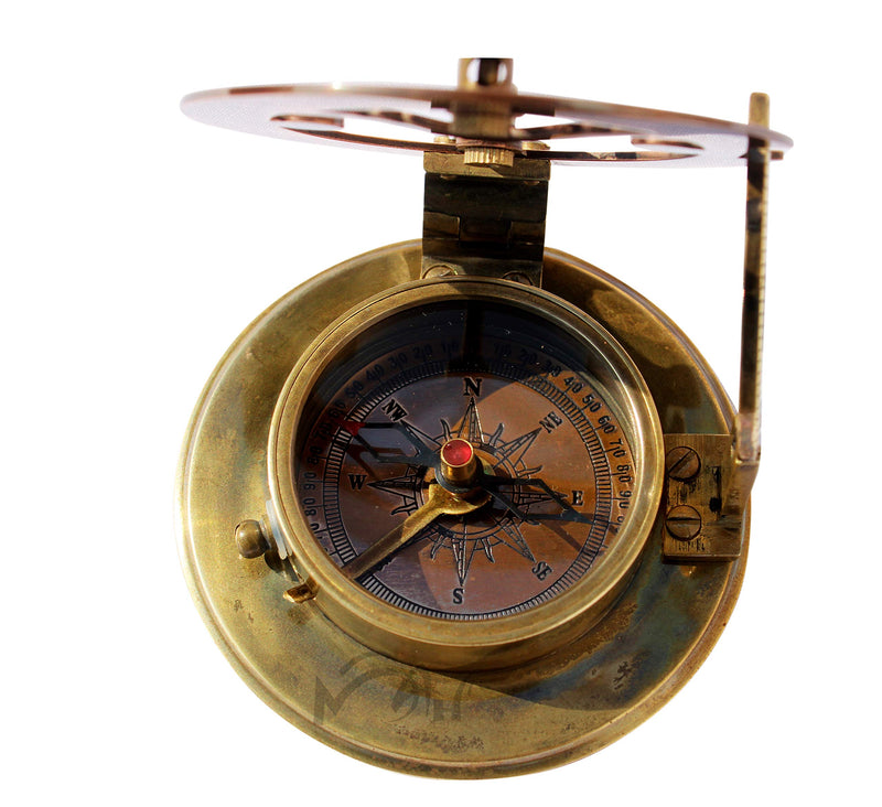 MAH Handmade Brass Sundial Compass Beautiful Gift Item with Leather Box. C-3058