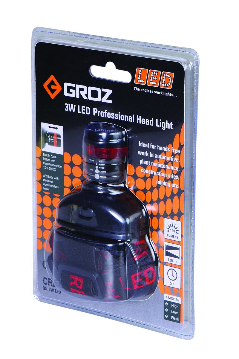 GROZ 3W LED CREE Professional Head Lamp | Built-in Zoom | 400 Foot Beam Distance | Tri-Mode Design: Low, High, Flash (55004)