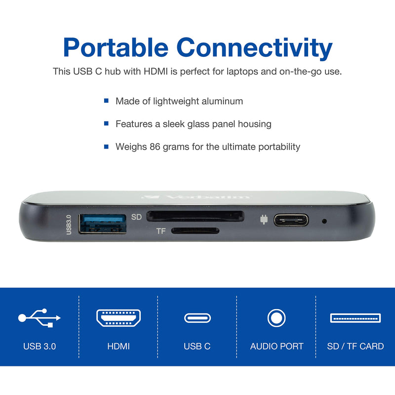 Verbatim 6-in-1 USB C Hub Adapter with 4K HDMI, 100W Power Delivery, USB 3.0 Ports, SD Card Readers, 3.5mm Audio Port for USB C Laptops 6 in 1 Hub