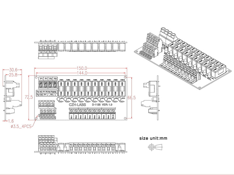 Electronics-Salon Panel Mount 10 Position Power Distribution Fuse Module Board, for AC/DC 5~48V