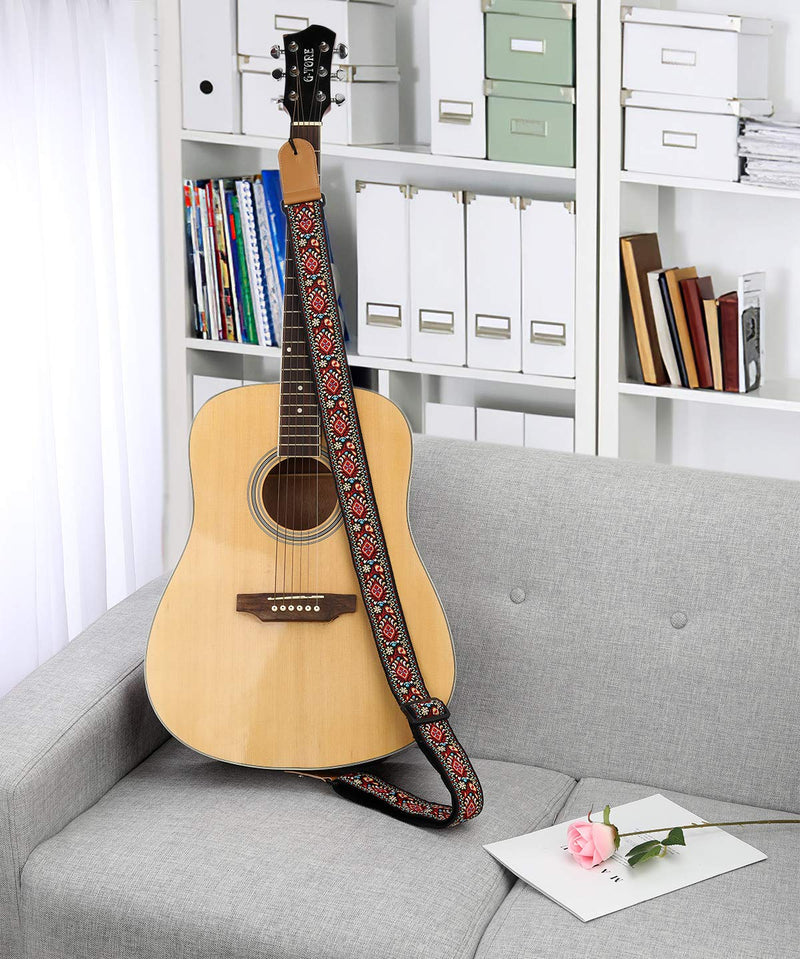 MoKo Guitar Strap, Bohemian Style Jacquard Guitar Shoulder Strap, Universal Adjustable Woven Strap for Electric & Acoustic Guitar, Bass, Ukulele Decorative Strap - Red