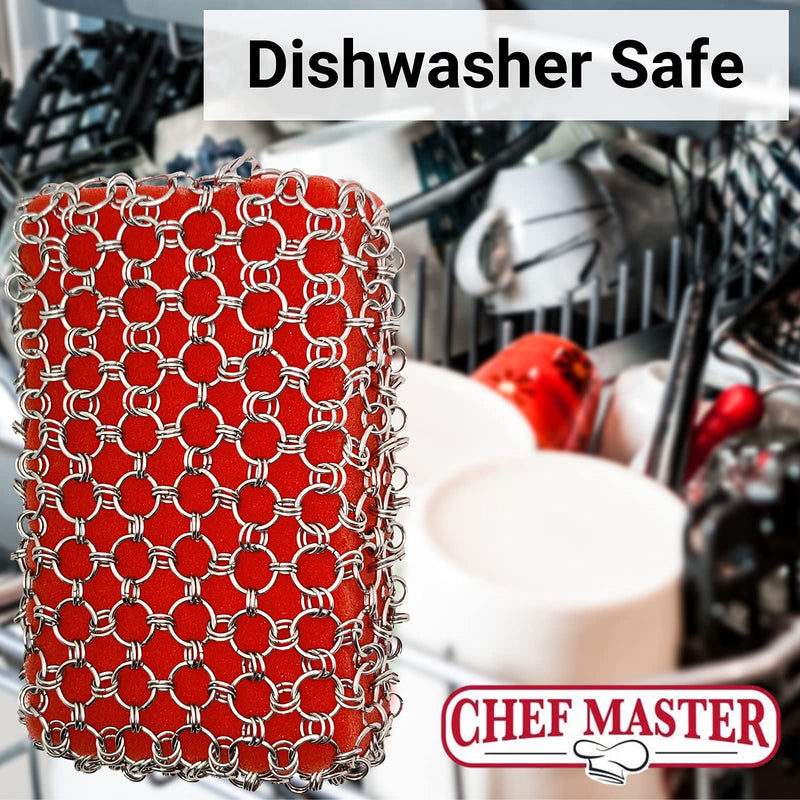 Chef Master Cast Iron Chainmail Scrubber Scrubber | Uses Standard Size Sponges | Chainmail Scrubber for Cast Iron Pans | Heavy Duty Cast Iron Scrubber