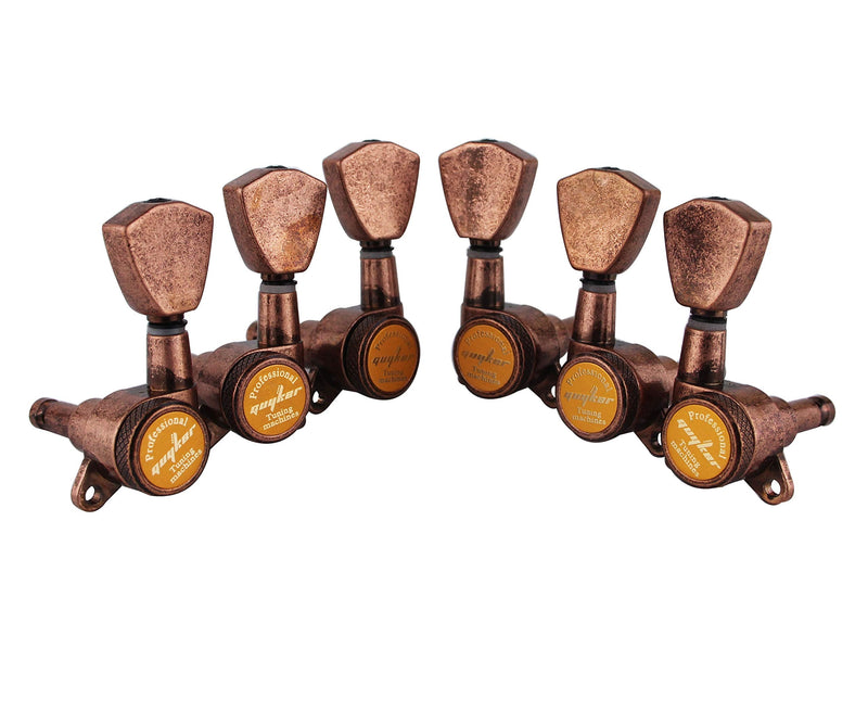 Guyker Guitar Locking Tuners (3L + 3R Handed) - 1:18 Models Rear Lock String Tuning Key Pegs Machine Head with Trapezium Button Antique Bronze, GK04SP