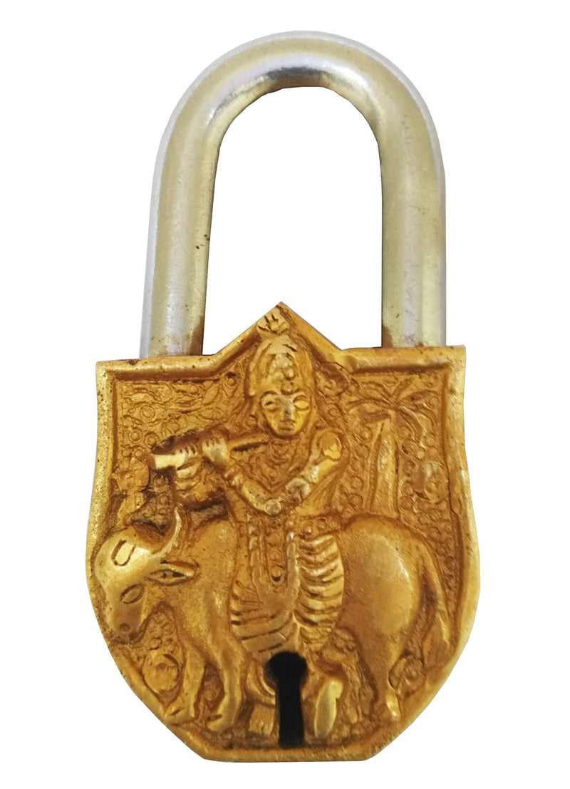 Purpledip Handmade Brass Antique Padlock with Srikrishna (10013)