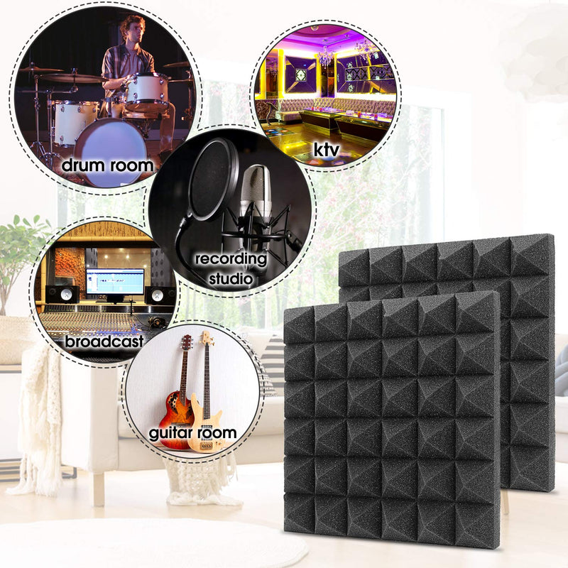 Little-Lucky Acoustic Foam Panels,SoundProof Padding Foam Panels,2" X 12" X 12" Studio Foam Pyramid Tiles Sound Absorbing Dampening Foam Treatment Wall Panels -12Pack (12Pack, Black) 12Pack