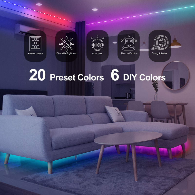 Ecolor LED Strip Lights 32.8ft 5050 RGB LEDs Color Changing Lights Strip with IR Remote and Power Supply, Cuttable and Dimmable DIY Modes for Bedroom, Living Room, Kitchen, Home Decoration