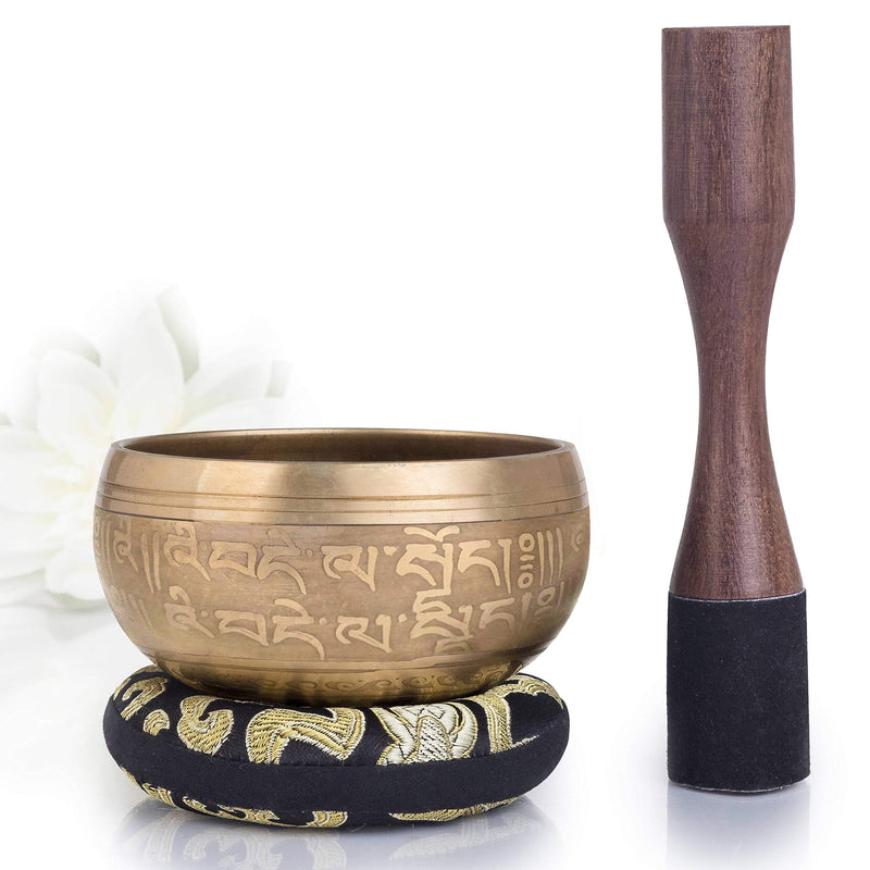 Tibetan Singing Bowl Set — Easy to Play with New Dual-End Striker & Cushion ~ Creates Beautiful Sound for Holistic Healing, Meditation & Relaxation ~ Bronze Design