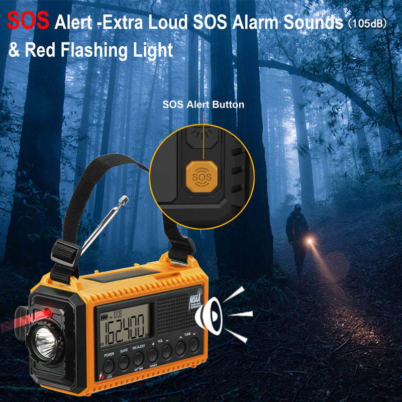 Auto NOAA Emergency Weather Radio, Solar Hand Crank Radio,Portable Battery Operated Emergency Radio with AM FM Shortwave,USB Charger,LED Flashlight,Clock, SOS Alert for Home Outdoors Camping Survival Yellow Black with LCD Display