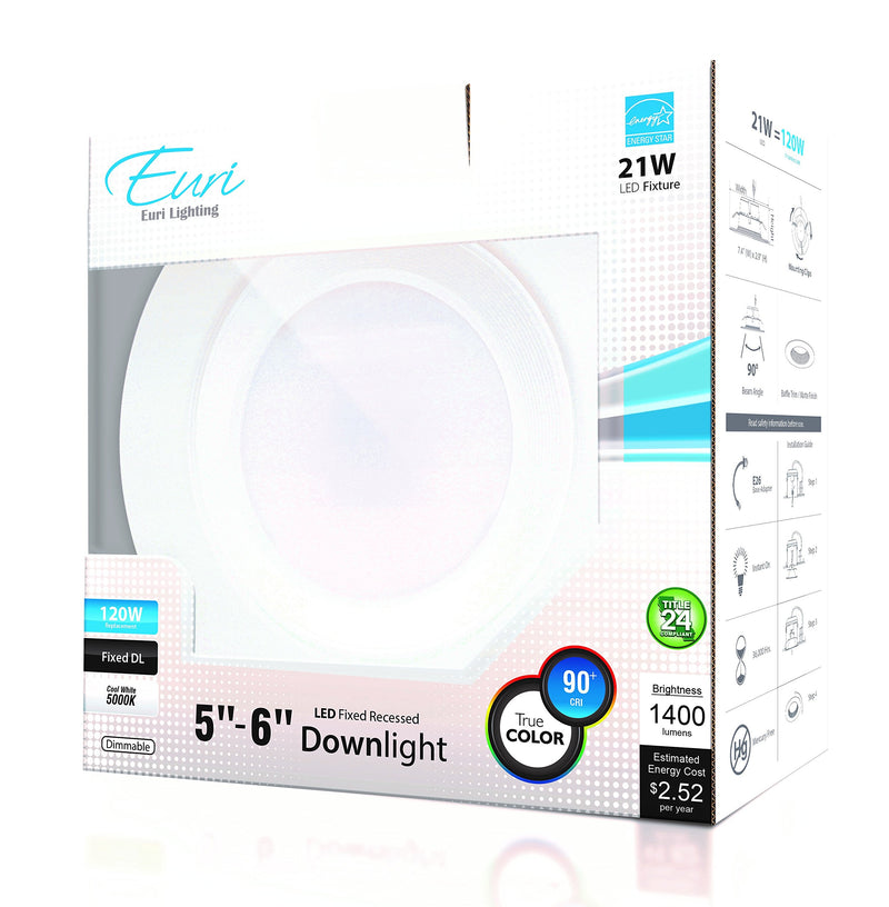 Euri Lighting DLC-3051e LED 5-6" HO Downlight, Retrofit Line, Cool White 5000K, Dim, 21W (120W Equivalent) 1400 lm, 90 Degree Beam Angle, 90+ CRI, E26 Adapter, UL & Energy Star Listed, T24 5000K (Cool White) 5/6" 120 Watts