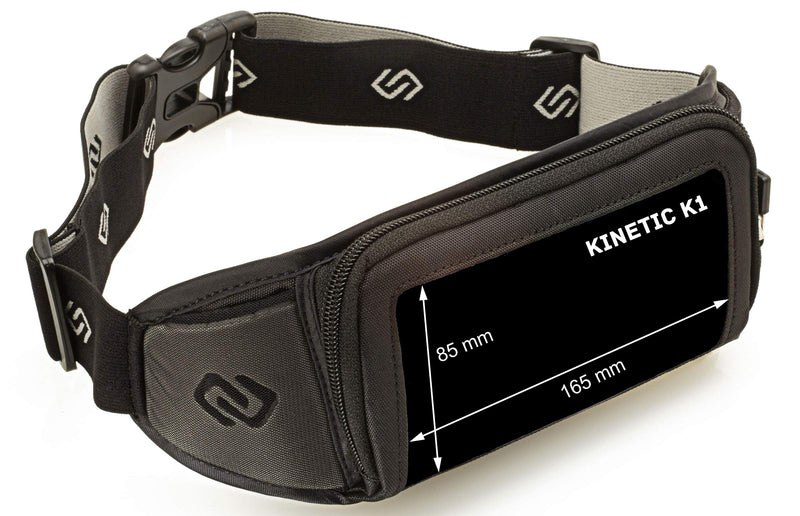 Sporteer Kinetic K1 Running Belt Waist Pack - Compatible with iPhone 13 Pro Max, 13 Pro, 13, 12/11 Pro Max, Xs Max, XR, X, 8 Plus, Galaxy S20 Plus, 10 Plus, Note 10+, 9, S9+, Pixel 4 XL, LG, Moto - Fits Cases