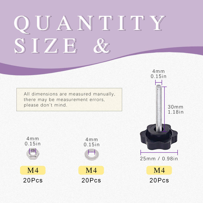 Swpeet 60Pcs M4 x 30 Hex Shaped Male Thread Metal Clamping Hand Star Knobs with 304 Stainless Steel Hex Nuts and Flat Washer Assortment Kit, Clamping Screw Plastic Screw-On Handle (M430) M4*30