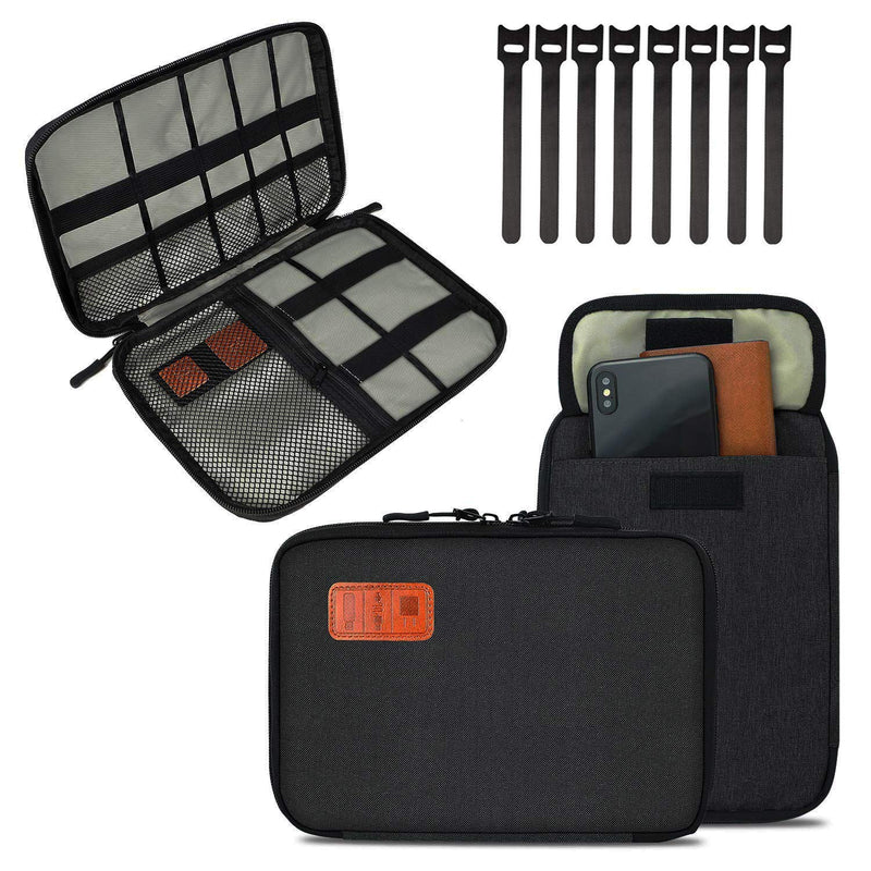 Cable Organizer Bag, Travel Electronics Accessories Carry Case Portable Cord Organizer Bag for USB Cable Cord Pen Hard Cables Earphone Ipad iPhone with 8 Cable Ties (Up to 7.9) Black Medium