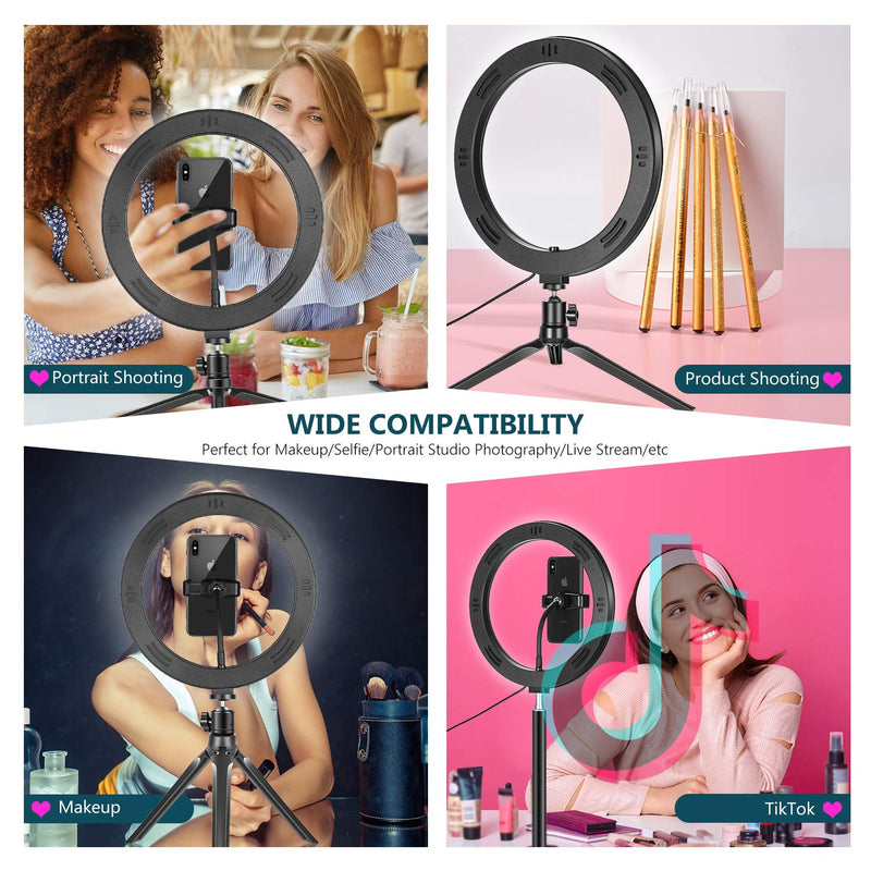 Vokiito 10” Ring Light USB LED Selfie Ring Light with Desktop Tripod and Cell Phone Holder 3 Light Modes & 10 Brightness Level for Photography Makeup Live Streaming YouTube Videos