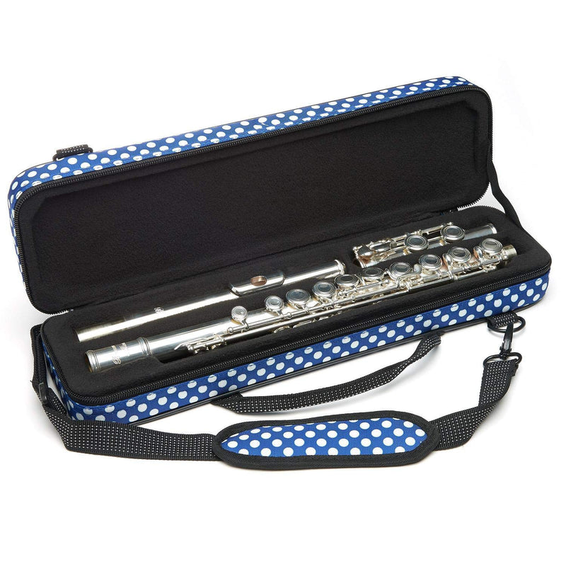 Beaumont "Blue Polka Dot" Flute Case With Shoulder Strap - C-Foot Flute Hard Case Cover - Lightweight Canvas C Case for Yamaha, Jupiter, Trevor James Flute Instrument Case Blue Polka Dot