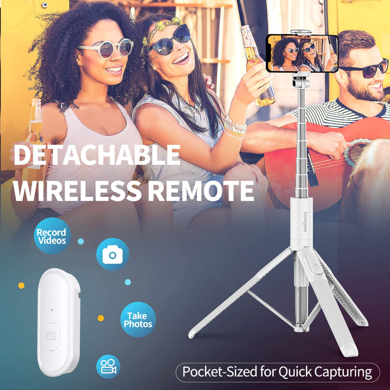 Sensyne 60" Phone Tripod & Selfie Stick, Lightweight All in One Phone Tripod Integrated with Wireless Remote Compatible with All Cell Phones for Selfie/Video Recording/Photo/Live Stream/Vlog (White)