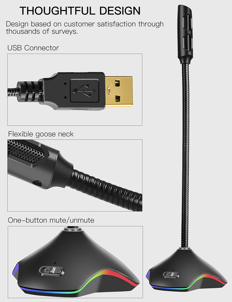 [AUSTRALIA] - Computer Microphone, ARISEN Desktop Gooseneck Microphone, Mute Button with Breathing RGB Light, USB Microphone for Windows and Mac Ideal for Gaming Streaming YouTube Podcast 