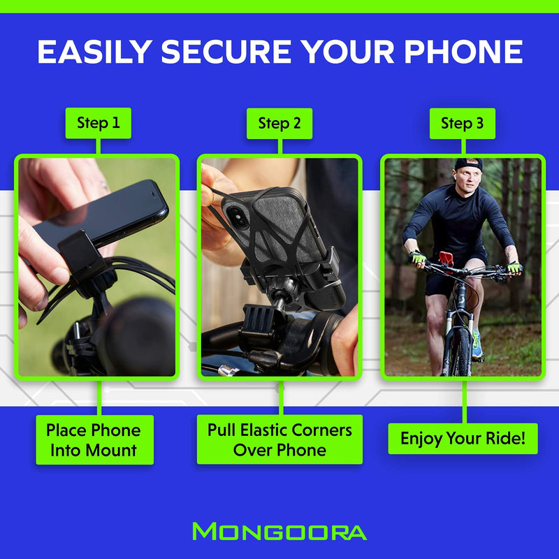 Mongoora Bike & Motorcycle Phone Mount w/ 3 Bands (Black, Red, Green) Cell Phone Holder for Bicycle Handlebar Easy to Install Bike Accessories