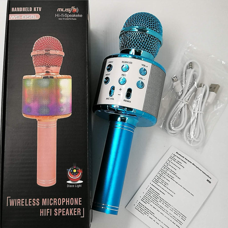 Wireless Bluetooth 32 LEDs Microphone for Children Vocal Portable Handheld Microphone Children's Microphone for Music Playing KTV Party for Android/iOS with Charging Cable and AUX Cable blue