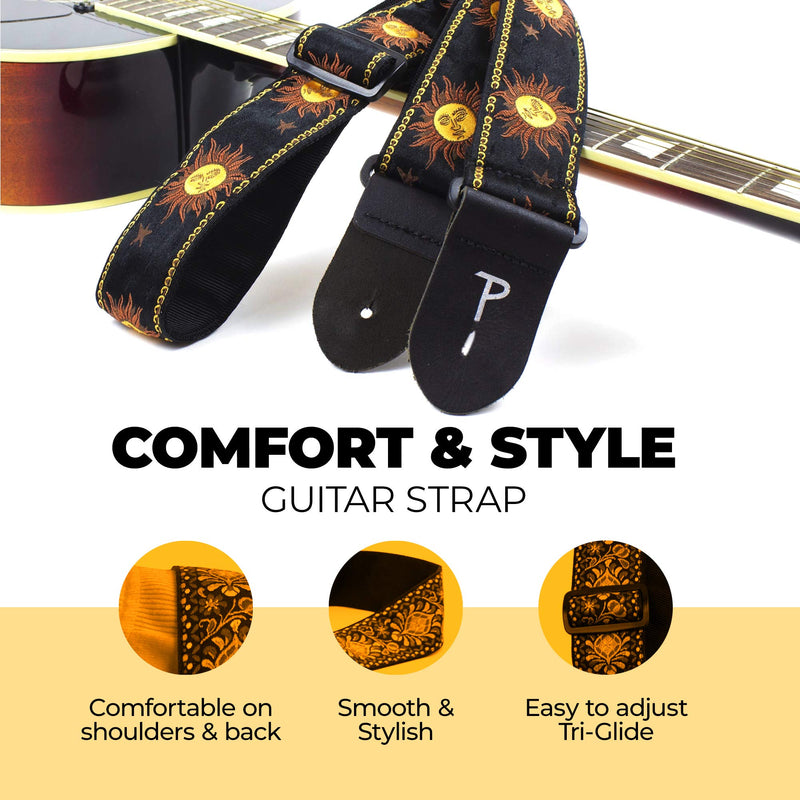 Perri’s Leathers Ltd - Jacquard Guitar Strap, Perris Guitar Strap, Elite Strap with Genuine Leather Ends, Adjustable Length 39 in. to 58 in, 2 in. Wide, Yellow Suns on Black