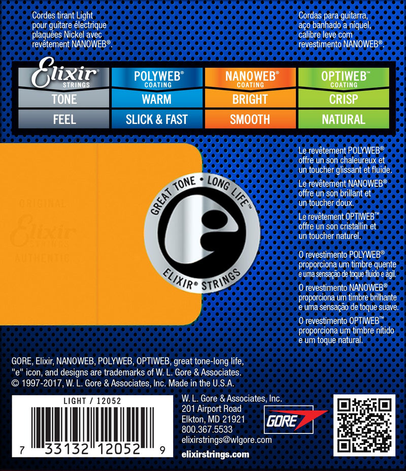 Elixir Strings Electric Guitar Strings w NANOWEB Coating, Light (.010-.046) Light (.010-.046) 6 String Set