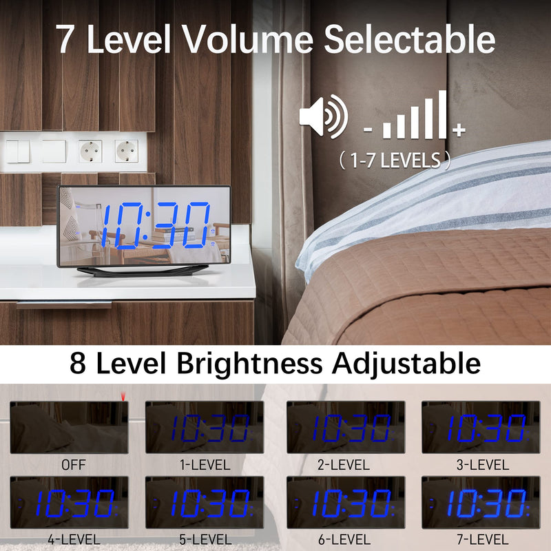 Digital Dual Alarm Clock with 2 USB Chargers for Heavy Sleepers Adults, 8.7" Large LED Display, Extra Loud Mirror Clock with Battery Backup, Easy to Set, Dimmable, Decent Alarm Clock for Bedrooms Kids Blue Digit