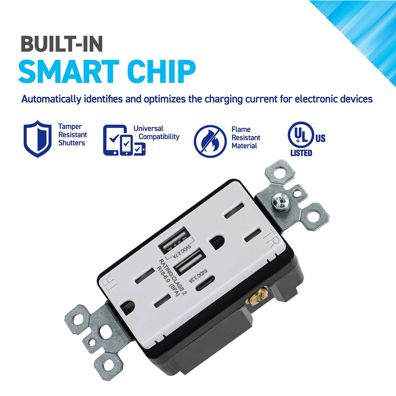 [AUSTRALIA] - Coby USB Wall Outlet Dual High Speed 6.0 Amp USB Ports with Smart Chip, USB Type C Port, 15A Duplex Tamper Resistant Receptacle Electrical Outlet, Pack of 2 White 