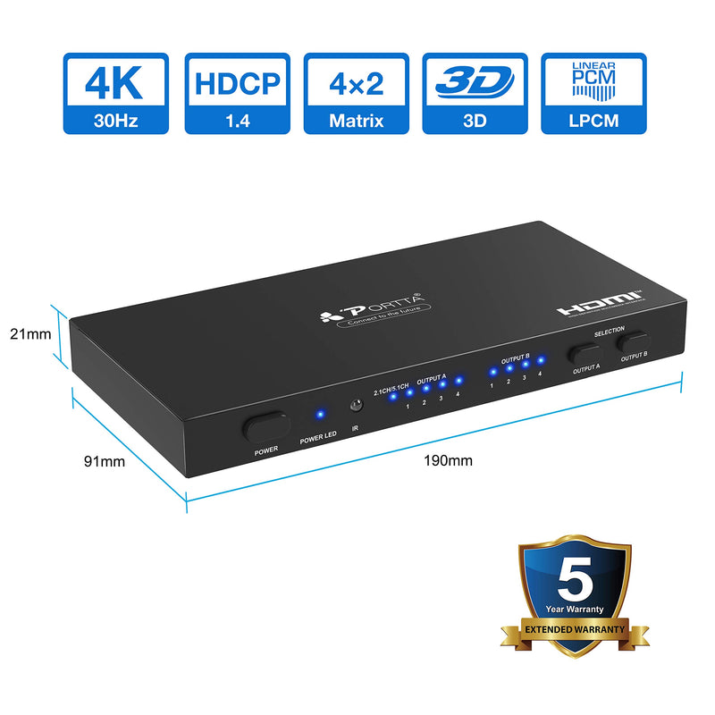 PORTTA HDMI Matrix 4x2, 4 in 2 Out 4K HDMI Matrix Switch Splitter with SPDIF Coaxial 3.5mm Audio Extractor and IR Remote Control Support 4K@30Hz Full HD 1080P 3D