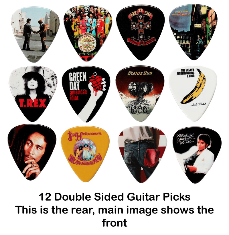 24 Classic Albums on 12 Double Sided Guitar Picks + Storage Bag for your Plectrums