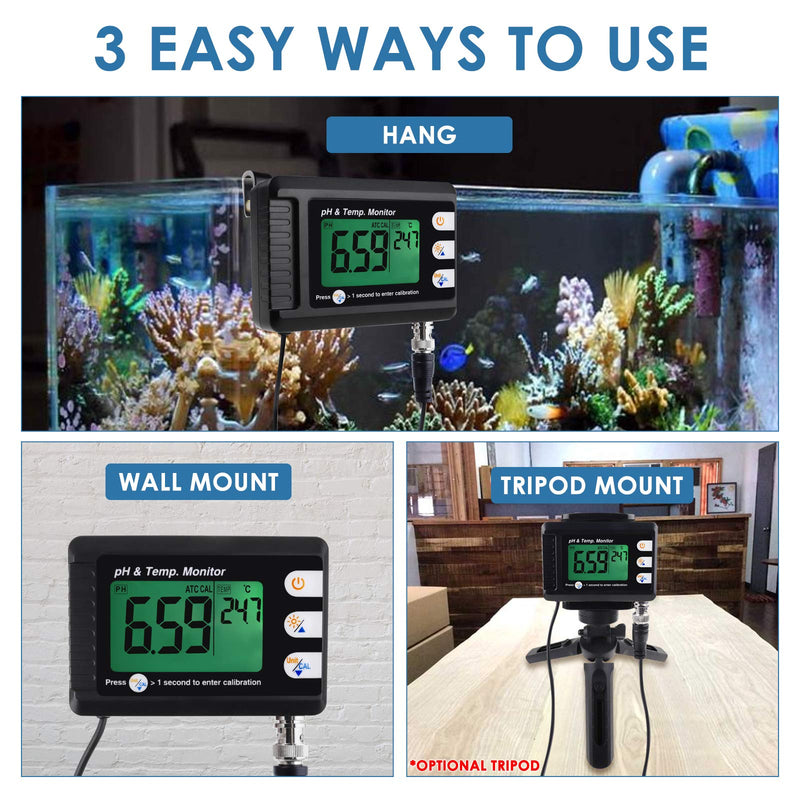 2 in 1 Temperature pH Monitor Meter Tester Sensor Test Kit 0~14 pH Automatic Calibration BNC Electrode Probe for Hydroponics Aquarium Lab Testing Food Drinking Water pH of Saltwater/seawater ph & Temp. Monitor