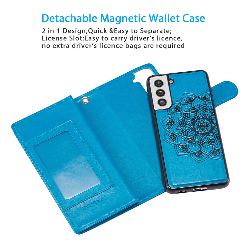 EYZUTAK Mandala Wallet Case for Samsung Galaxy S21 5G,Detachable 2 in 1 PU Leather Flip Case with Magnetic Button Lanyard (9Card Slots+3Pockets+1Driver's License Pocket)-Blue Blue