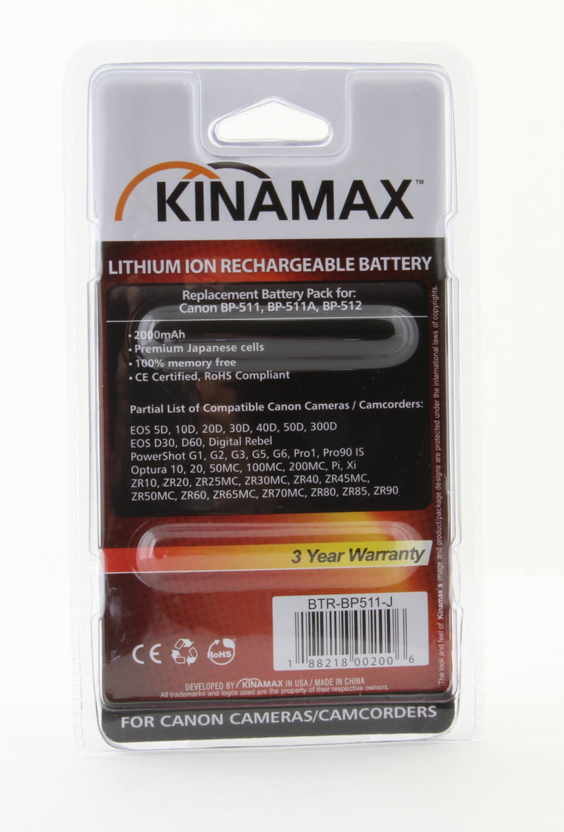 Kinamax 2000mAh BP-511 / BP-512 Replacement Battery for Canon EOS 10D, 20D, 30D, 40D, 5D, D30, D60, Rebel, Optura 100MC, 200MC, Pi, Xi, PowerShot G2, G3, G5, G6, Pro 1, 90 IS, ZR40, ZR45MC, ZR50MC, ZR60, ZR65MC, ZR70MC, ZR80, ZR85, ZR90