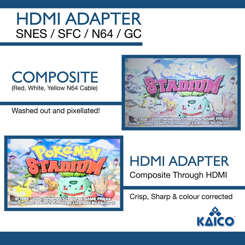 Kaico HDMI Adapter for Nintendo SNES Famicom SFC N64 and GC with S-Video and Composite Support - Passthrough Plug and Play HDMI Adaptor Convertor by Kaico