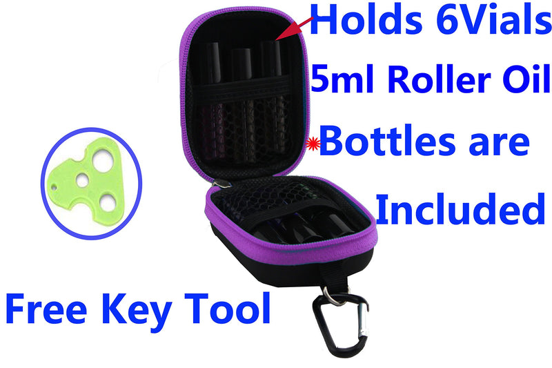 Premium 6 Pack 5ML Roller Bottles With 1X Essential Oil Carrying Case Perfects For Purse Travel 1PCS Opener Key Tool Some Blank lables (Purple) Purple